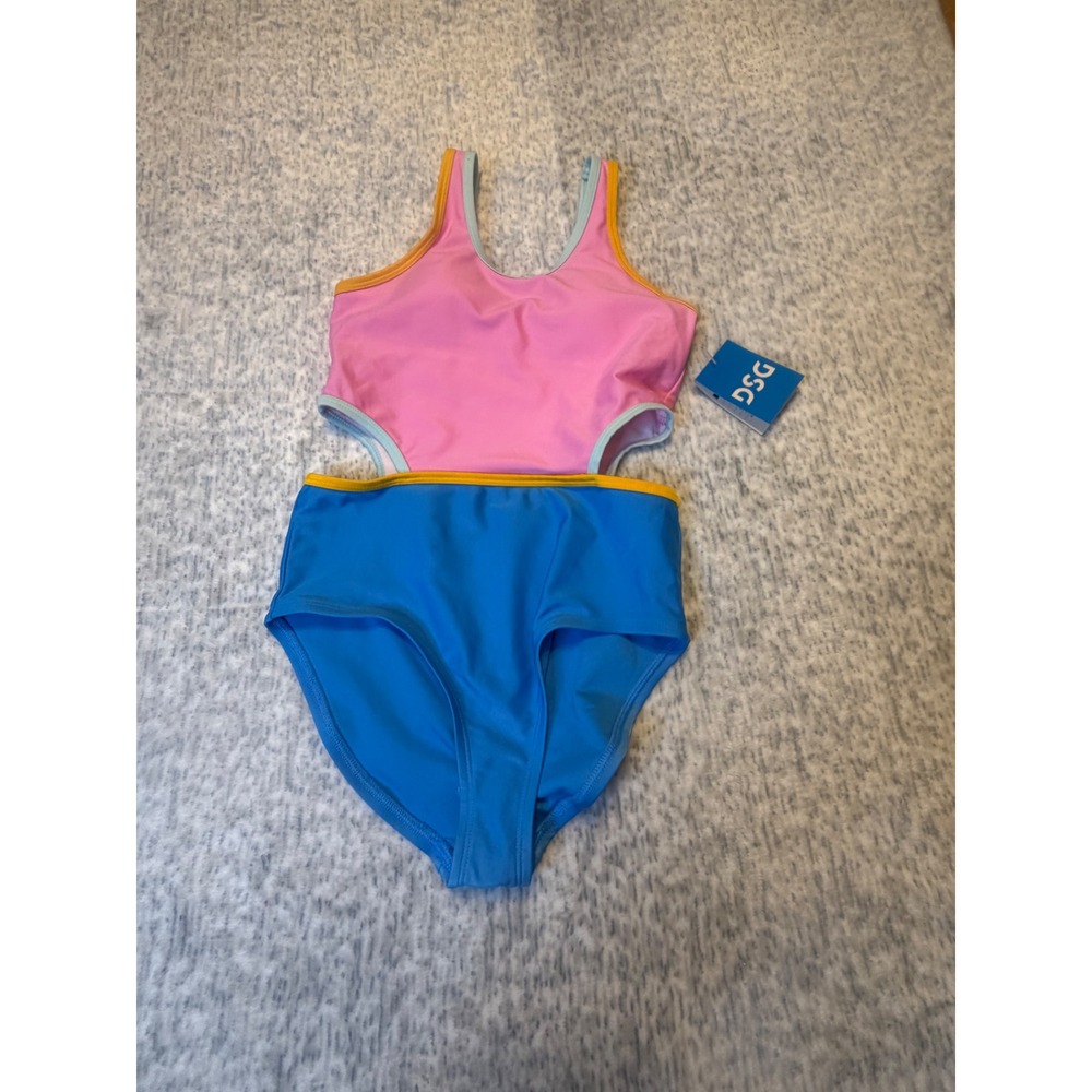 DSG Kids One Piece Swimsuit Pink Blue Cutout Girls Size M UPF 50 NWT